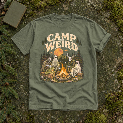 Camp Weird Spooky Campfire Graphic Tee on Moss Premium Tee