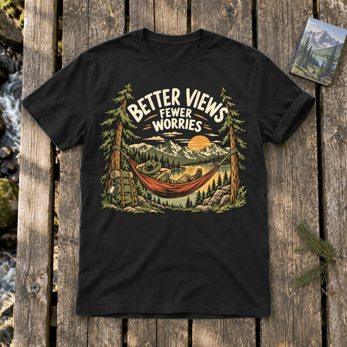 Better Views Fewer Worries Graphic Tee on Black Everyday Soft Tee