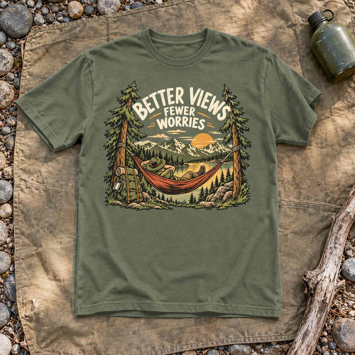 Better Views Fewer Worries Graphic Tee on Military Green Everyday Soft Tee
