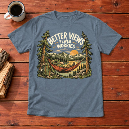 Better Views Fewer Worries Graphic Tee on Heather Indigo Everyday Soft Tee