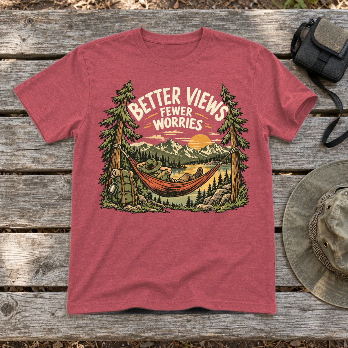 Better Views Fewer Worries Graphic Tee on Heather Red Everyday Soft Tee
