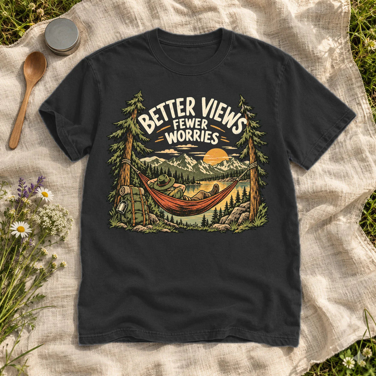 Better Views Fewer Worries Graphic Tee on Black Premium Tee
