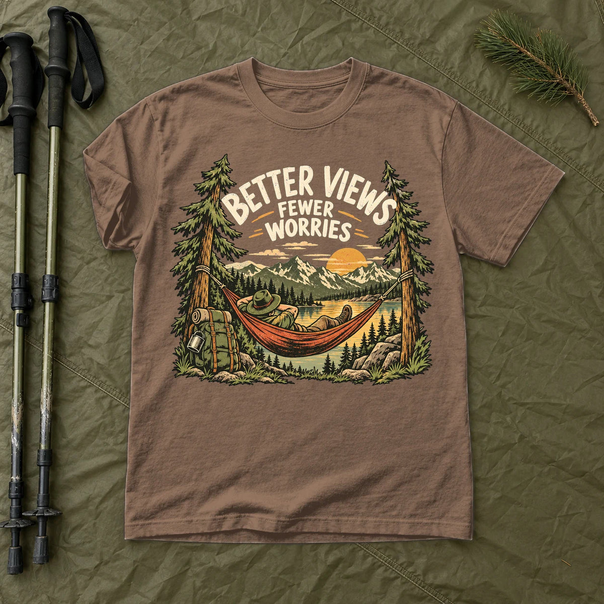 Better Views Fewer Worries Graphic Tee on Espresso Premium Tee