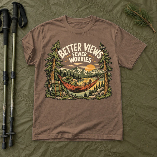 Better Views Fewer Worries Graphic Tee on Espresso Premium Tee