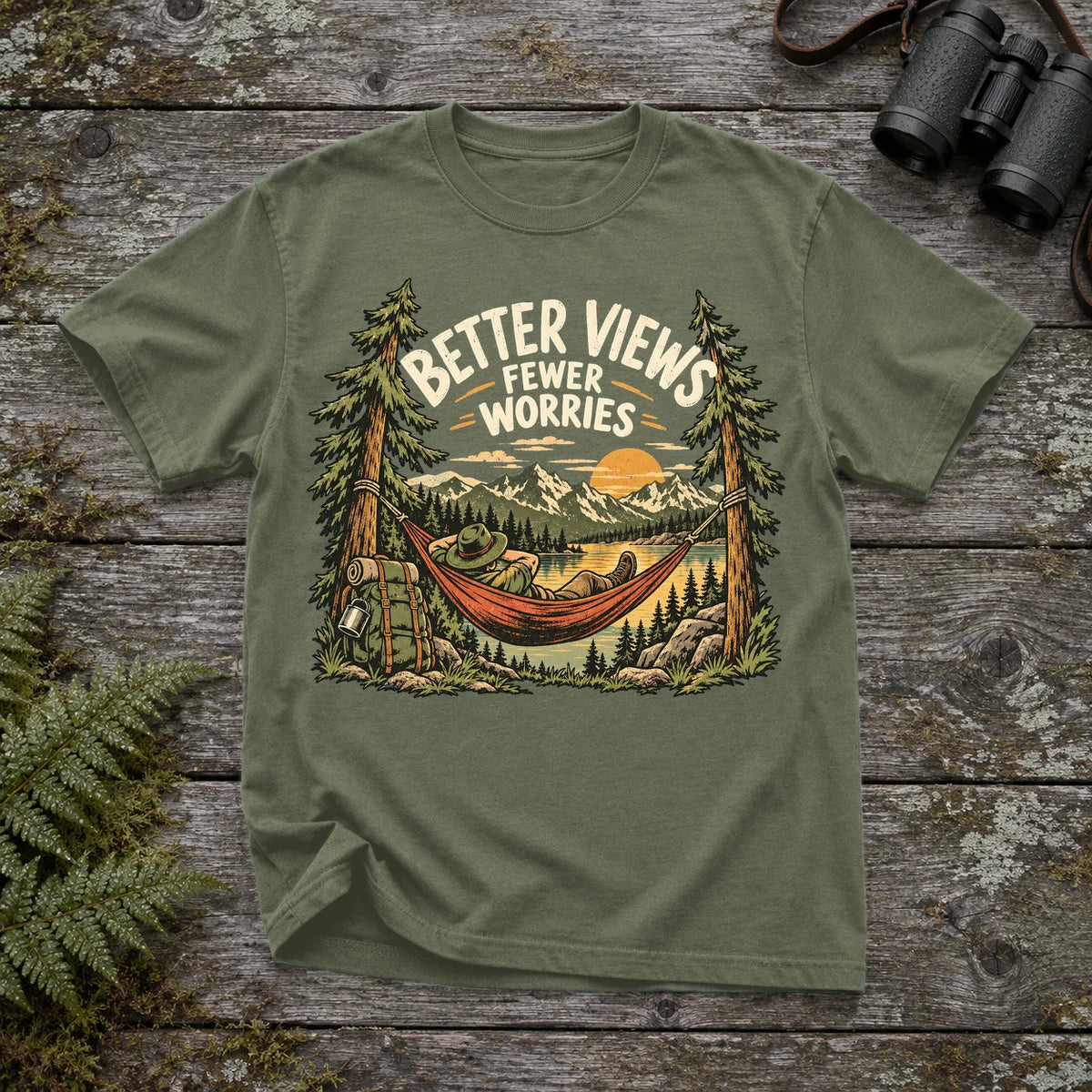 Better Views Fewer Worries Graphic Tee on Moss Premium Tee