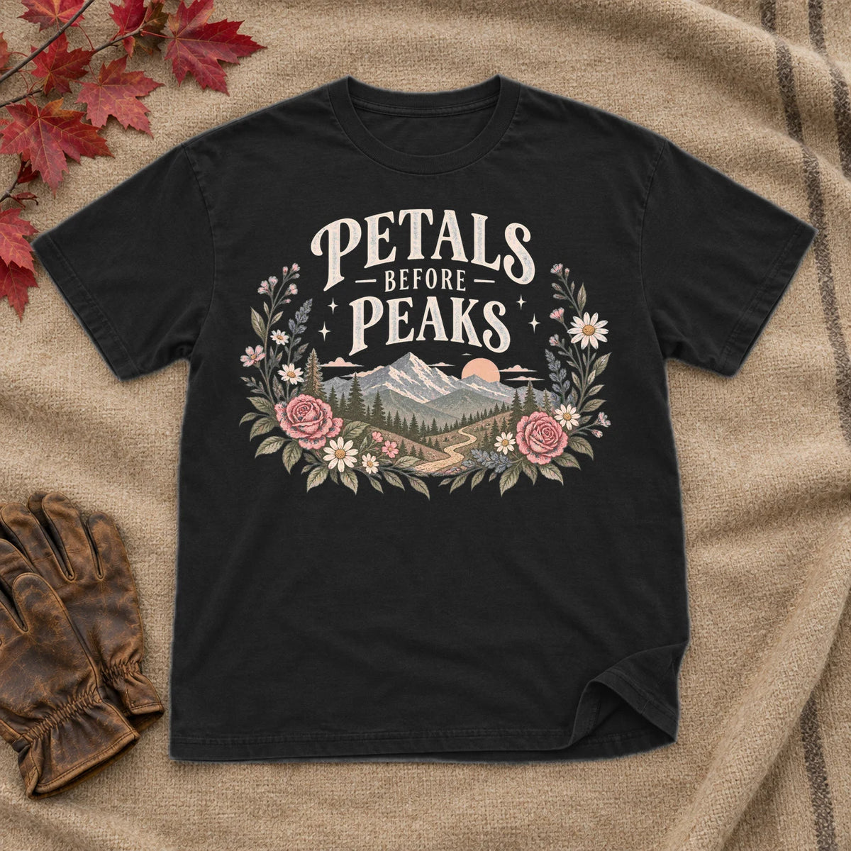 Petals Before Peaks Floral Mountain Graphic Tee on Black Everyday Soft Tee