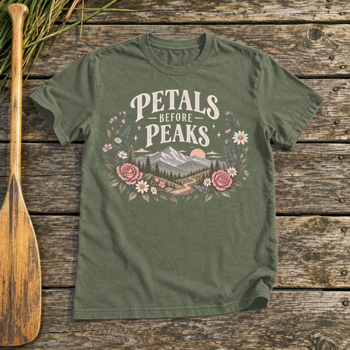 Petals Before Peaks Floral Mountain Graphic Tee on Military Green Everyday Soft Tee