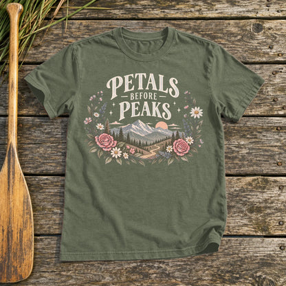 Petals Before Peaks Floral Mountain Graphic Tee on Military Green Everyday Soft Tee