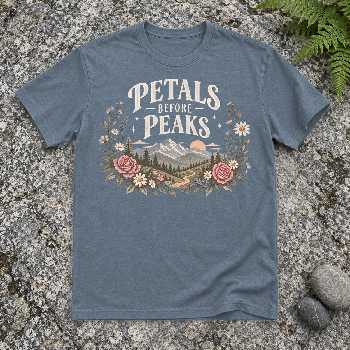 Petals Before Peaks Floral Mountain Graphic Tee on Heather Indigo Everyday Soft Tee
