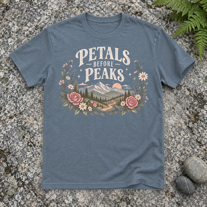 Petals Before Peaks Floral Mountain Graphic Tee on Heather Indigo Everyday Soft Tee