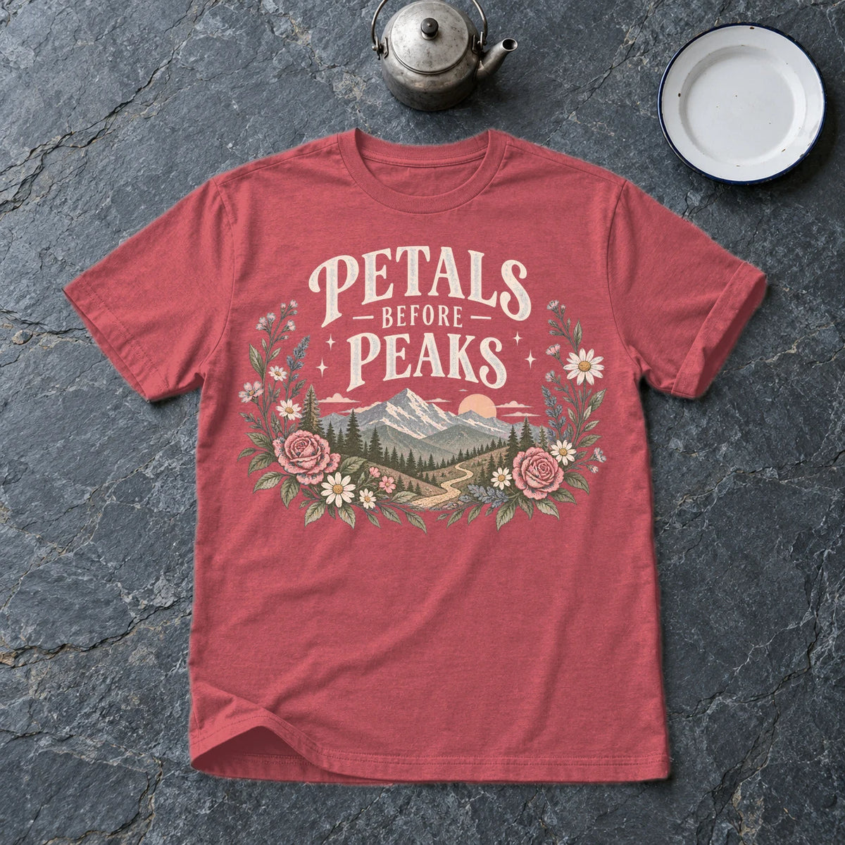 Petals Before Peaks Floral Mountain Graphic Tee on Heather Red Everyday Soft Tee