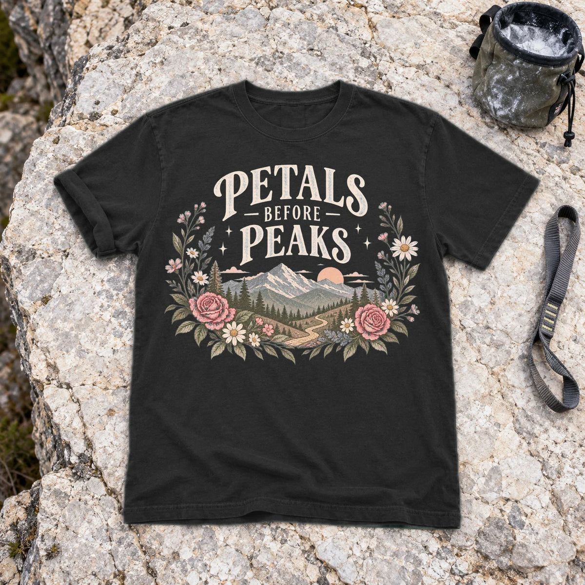 Petals Before Peaks Floral Mountain Graphic Tee on Black Premium Tee