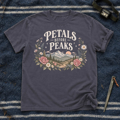 Petals Before Peaks Floral Mountain Graphic Tee on Navy Premium Tee