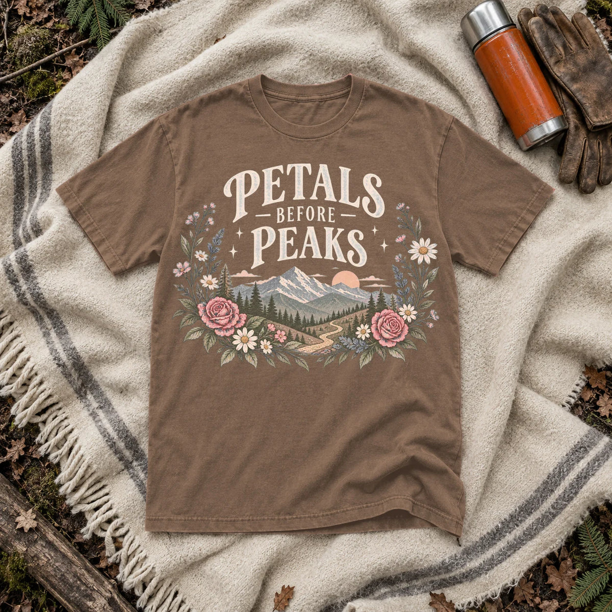 Petals Before Peaks Floral Mountain Graphic Tee on Espresso Premium Tee