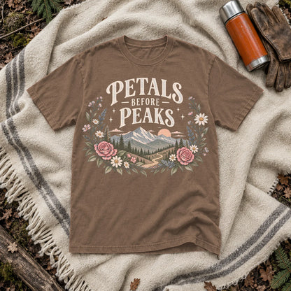 Petals Before Peaks Floral Mountain Graphic Tee on Espresso Premium Tee