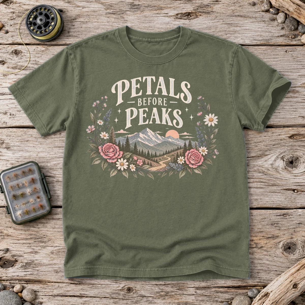 Petals Before Peaks Floral Mountain Graphic Tee on Moss Premium Tee