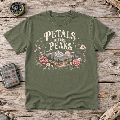 Petals Before Peaks Floral Mountain Graphic Tee on Moss Premium Tee