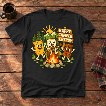 Happy Camper Energy Vintage Graphic Tee on Black Everyday Soft Tee