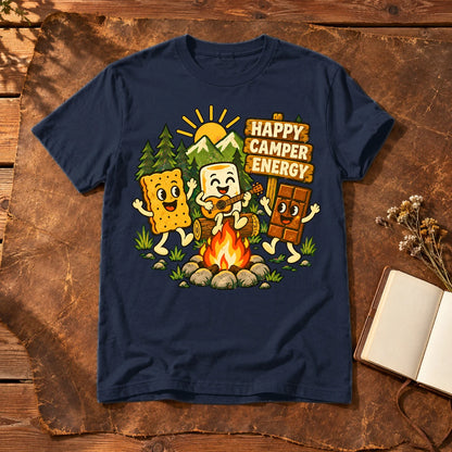 Happy Camper Energy Vintage Graphic Tee on Navy Everyday Soft Tee