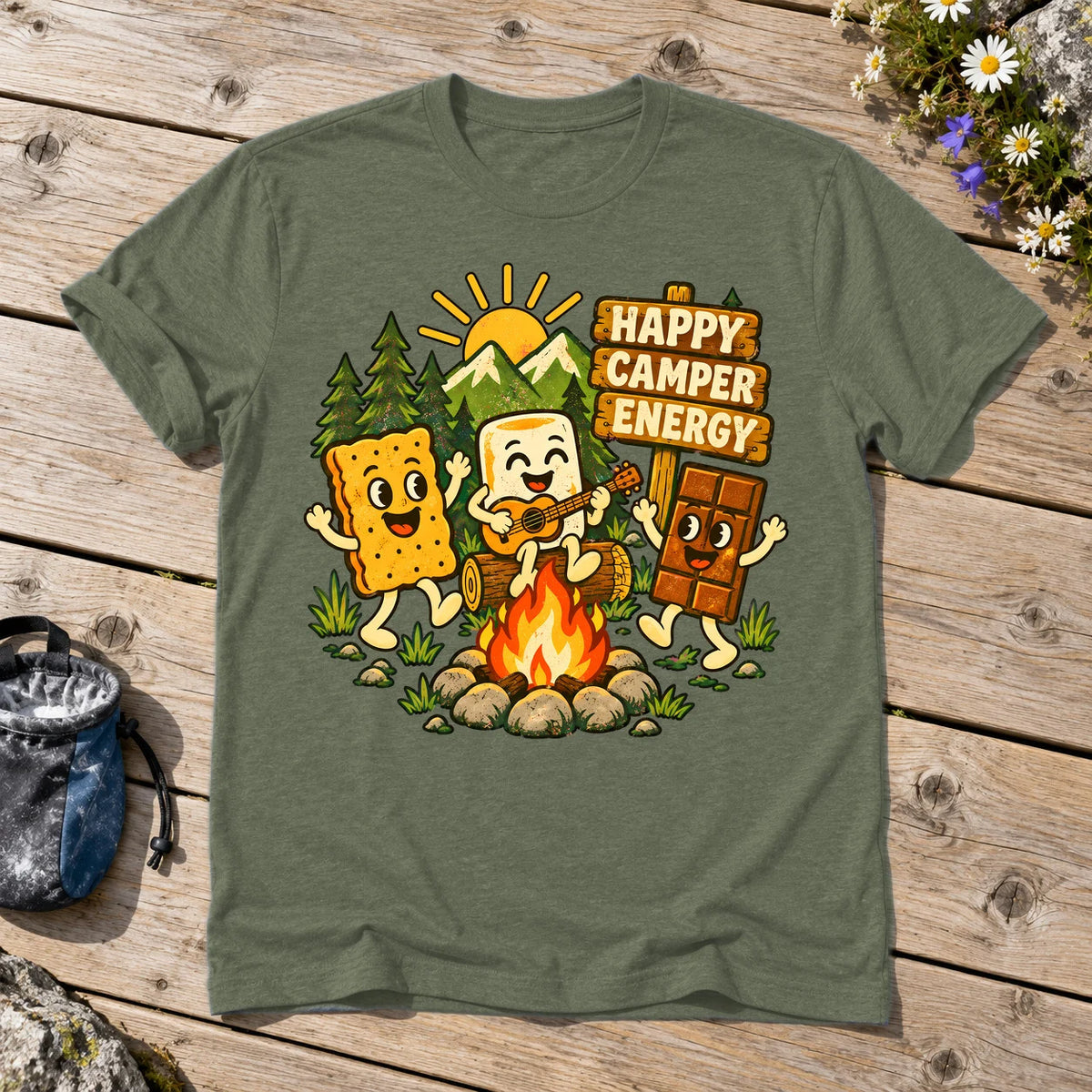 Happy Camper Energy Vintage Graphic Tee on Military Green Everyday Soft Tee