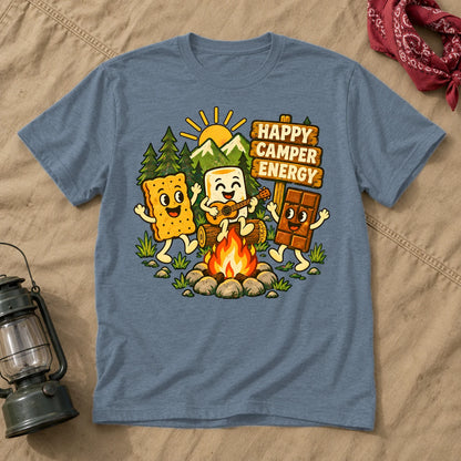 Happy Camper Energy Vintage Graphic Tee on Heather Indigo Everyday Soft Tee