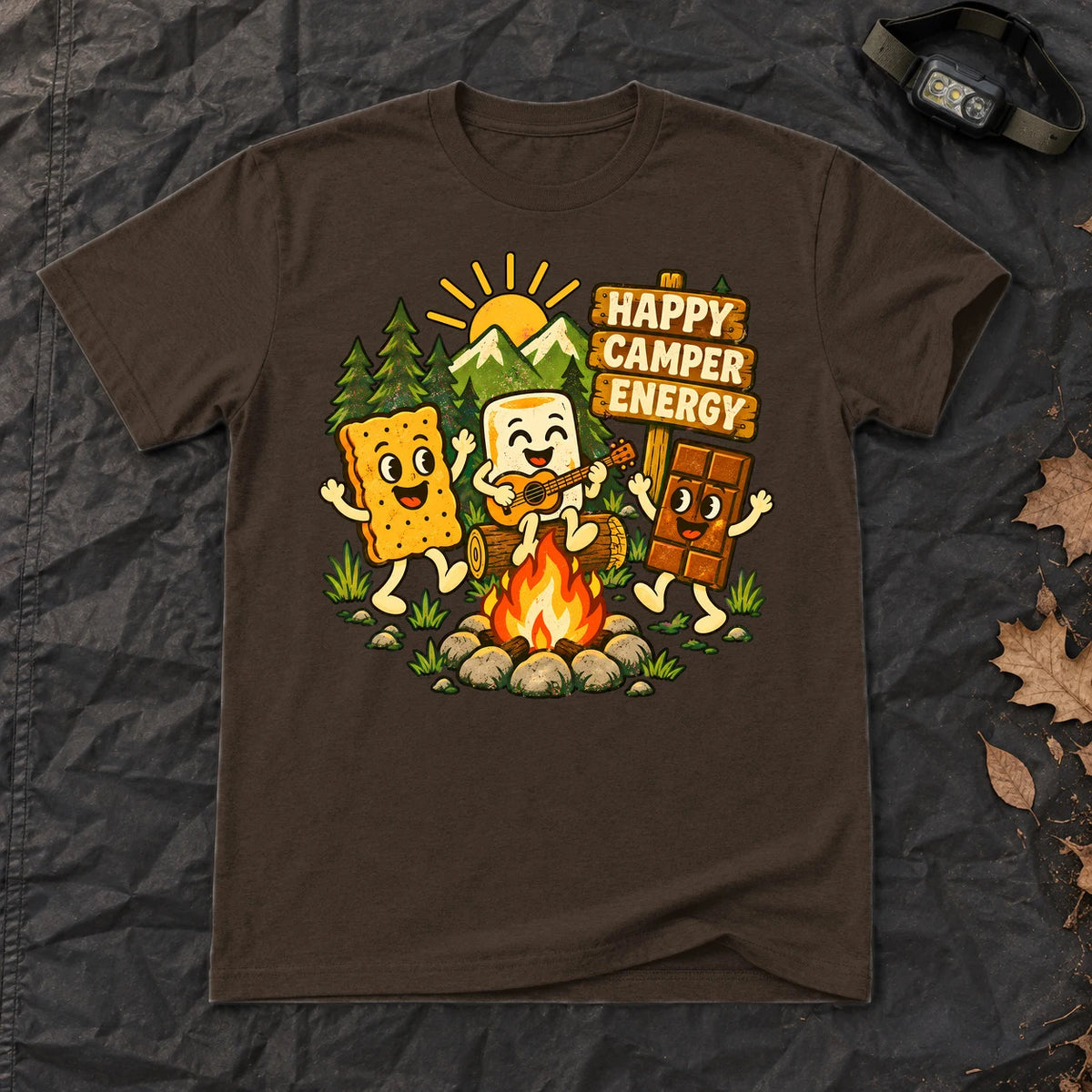 Happy Camper Energy Vintage Graphic Tee on Dark Chocolate Everyday Soft Tee