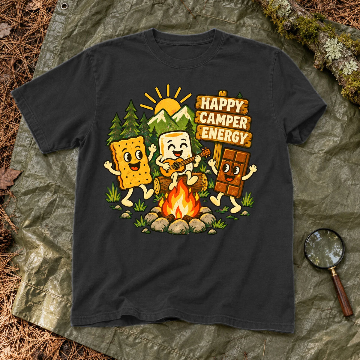 Happy Camper Energy Vintage Graphic Tee on Black Premium Tee