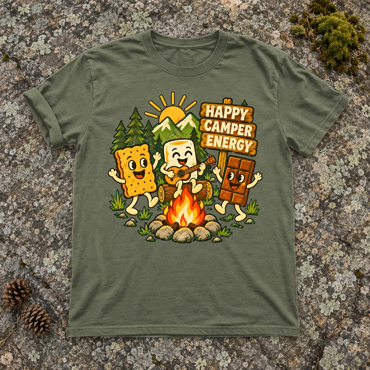 Happy Camper Energy Vintage Graphic Tee on Moss Premium Tee