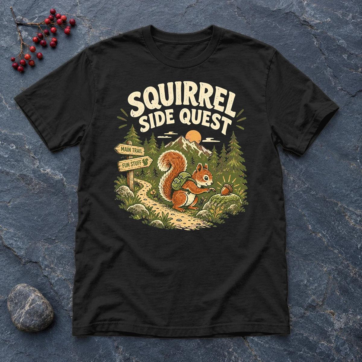 Squirrel Side Quest Graphic Tee on Black Everyday Soft Tee