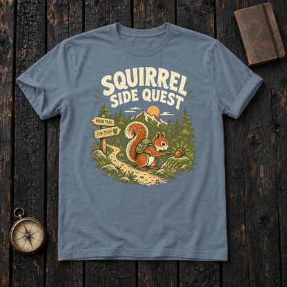 Squirrel Side Quest Graphic Tee on Heather Indigo Everyday Soft Tee