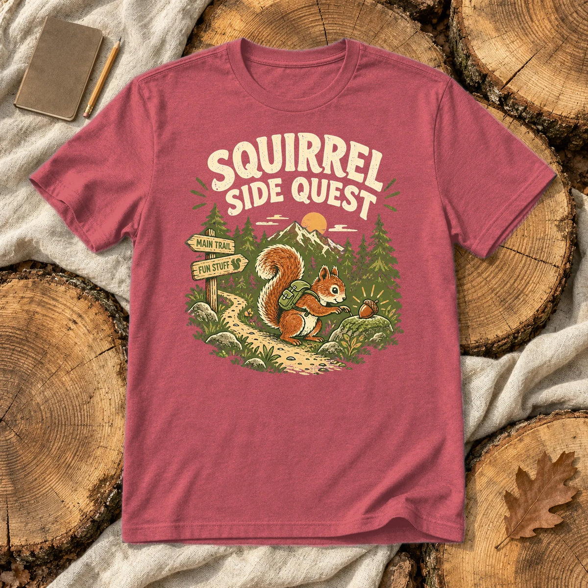 Squirrel Side Quest Graphic Tee on Heather Red Everyday Soft Tee