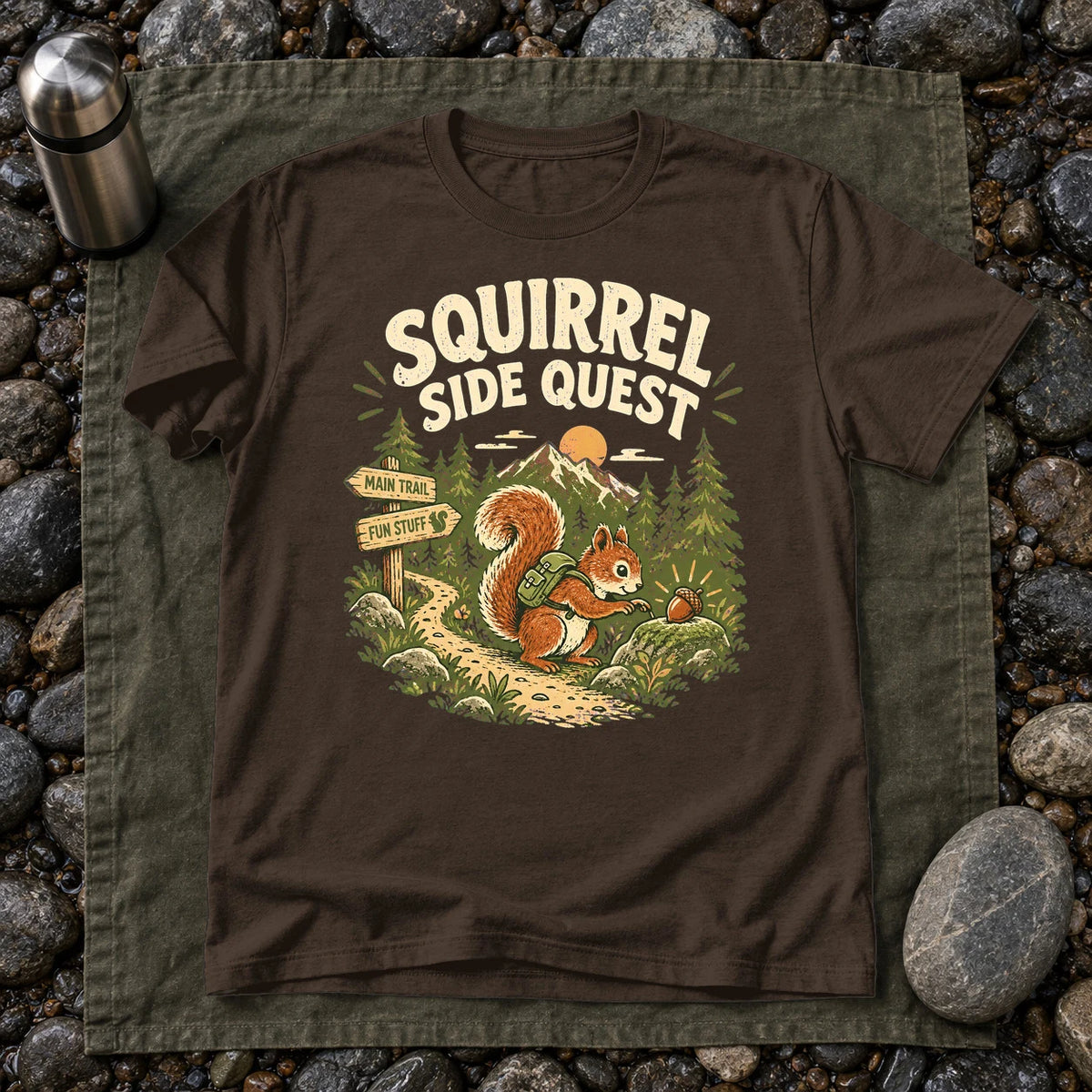 Squirrel Side Quest Graphic Tee on Dark Chocolate Everyday Soft Tee