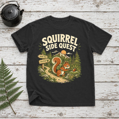 Squirrel Side Quest Graphic Tee on Black Premium Tee