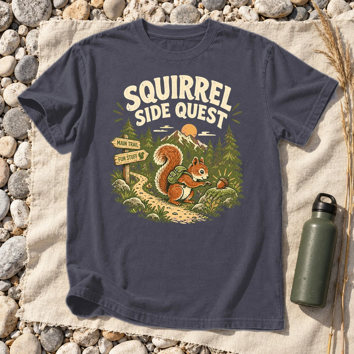 Squirrel Side Quest Graphic Tee on Navy Premium Tee