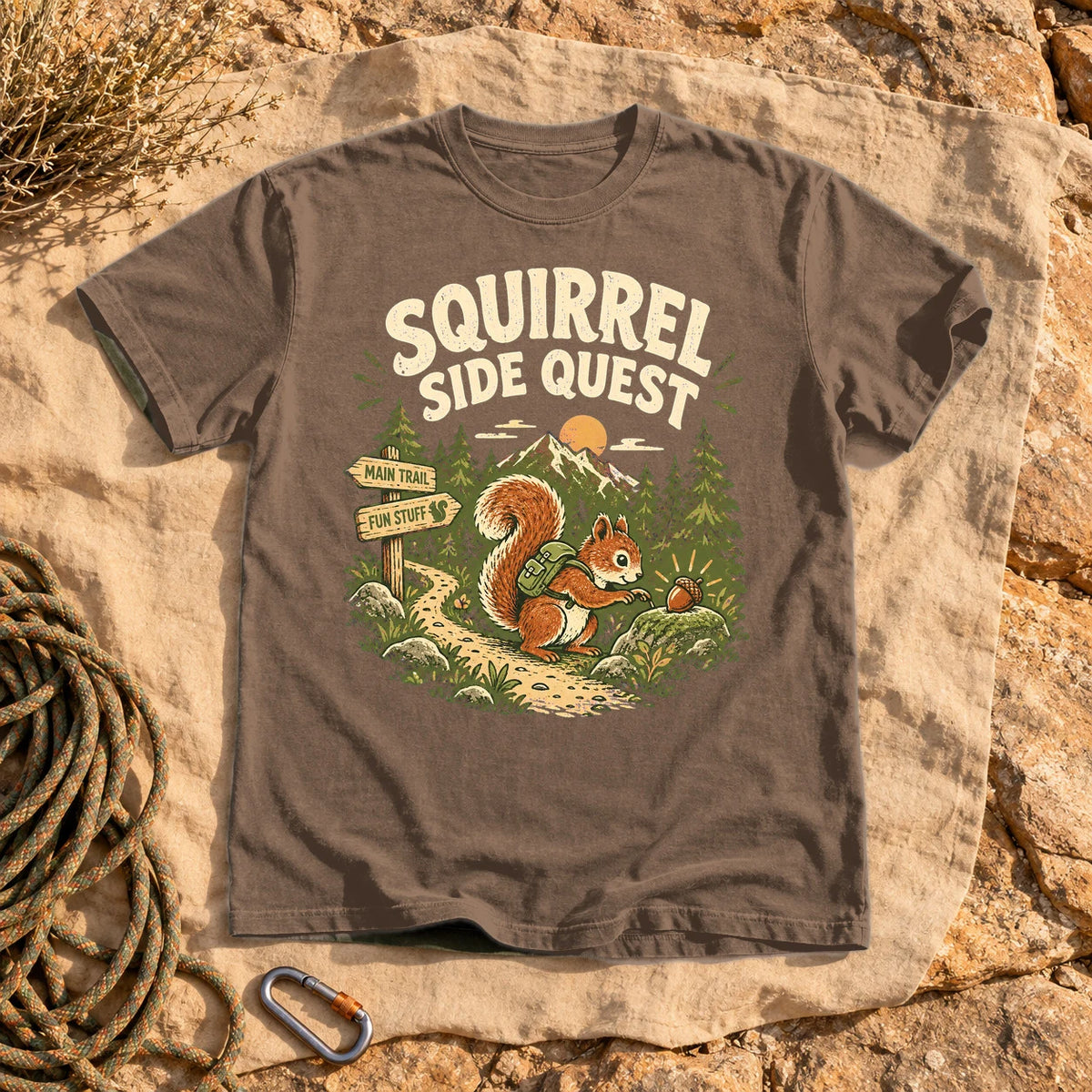 Squirrel Side Quest Graphic Tee on Espresso Premium Tee