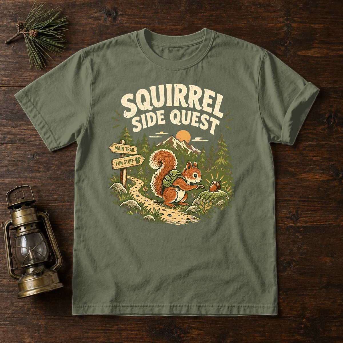 Squirrel Side Quest Graphic Tee on Moss Premium Tee