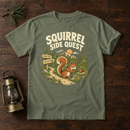 Squirrel Side Quest Graphic Tee on Moss Premium Tee