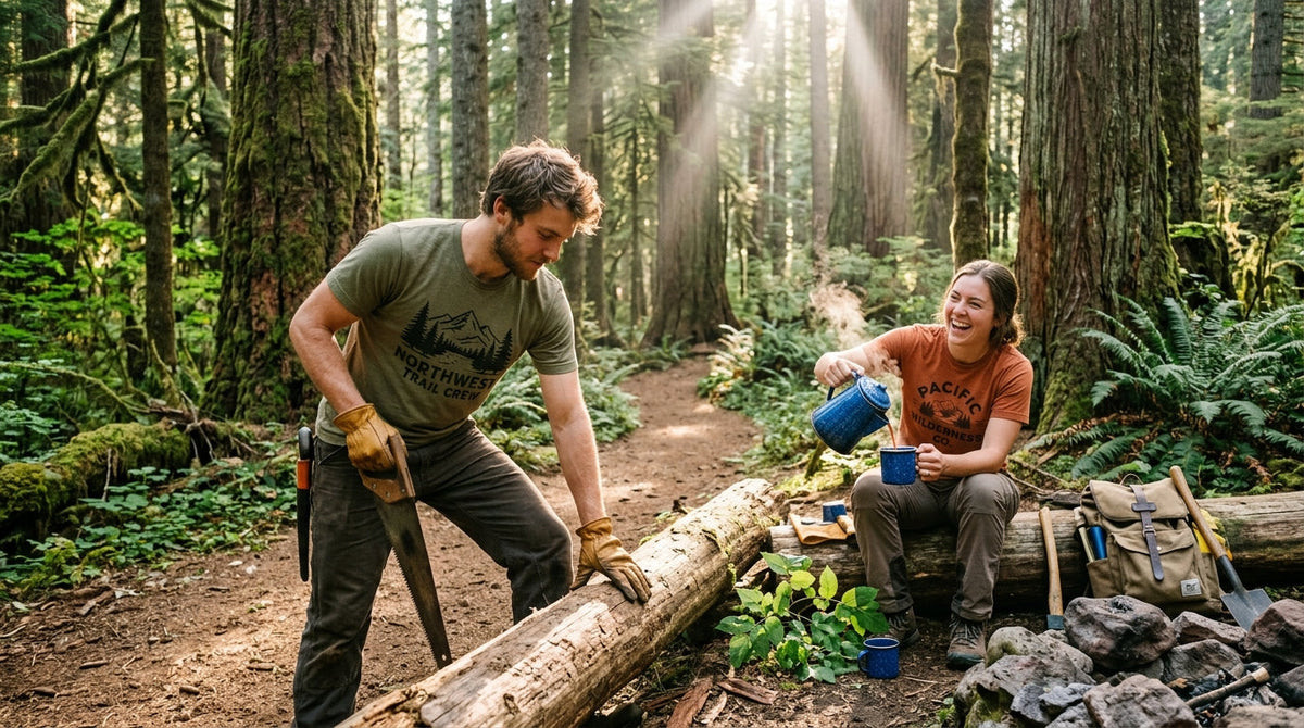 Outdoor friends laughing around a morning campfire wearing WrongTrails graphic tees