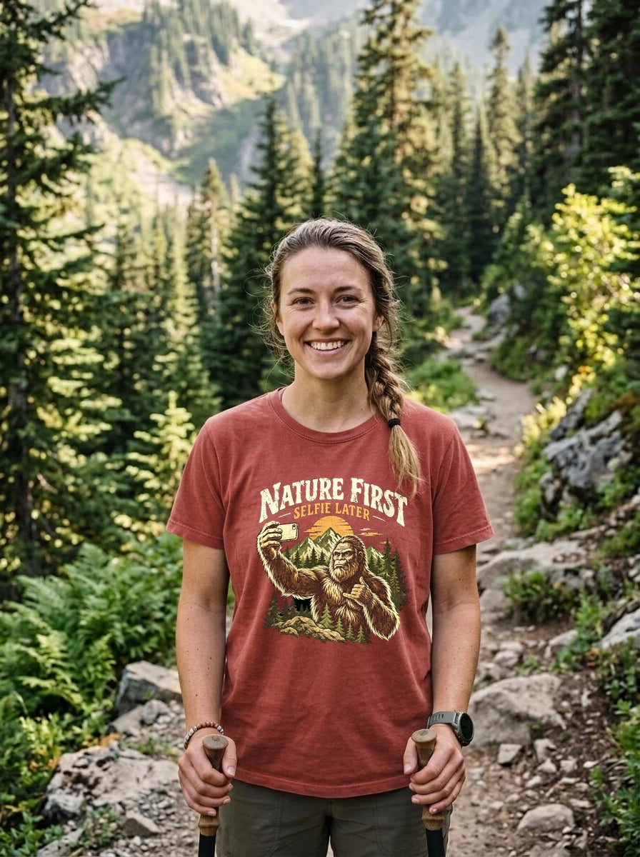 Model wearing the Premium Tee (Comfort Colors 1717 in Brick Red) on trail featuring Nature First Selfie Later graphic